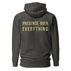 Presence Over Everything — Premium Faith Hoodie — Vintage Black hoodie back with Butter ink slogan