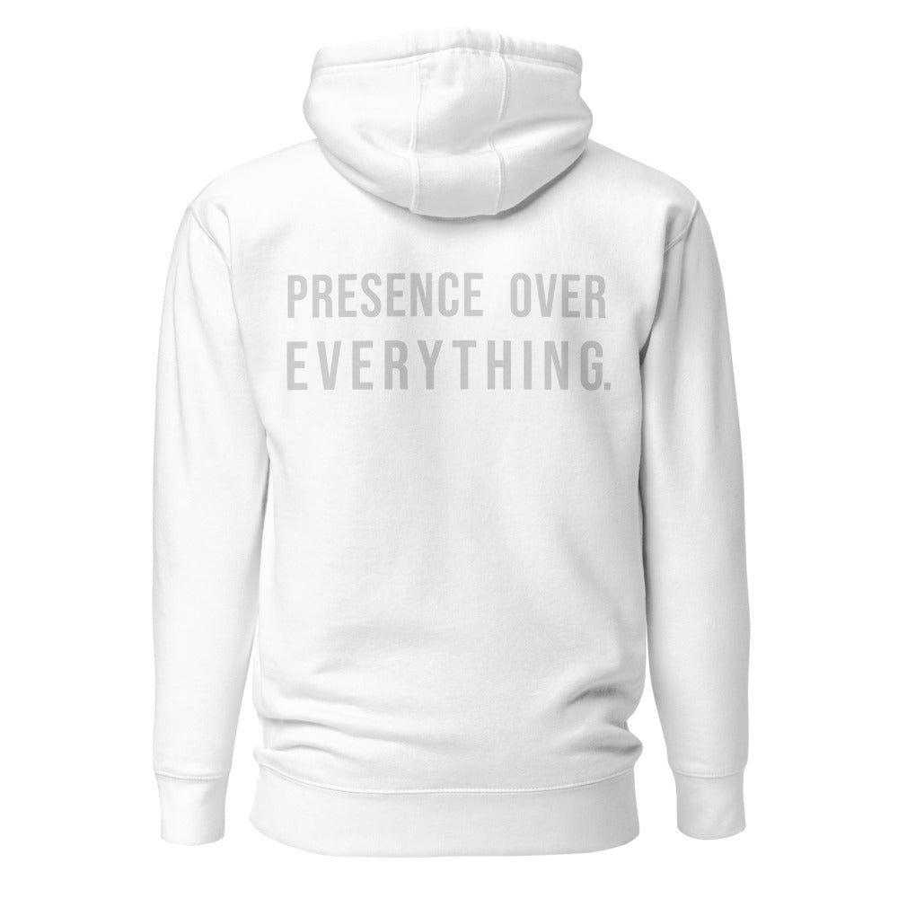 Presence Over Everything — White hoodie — back view
