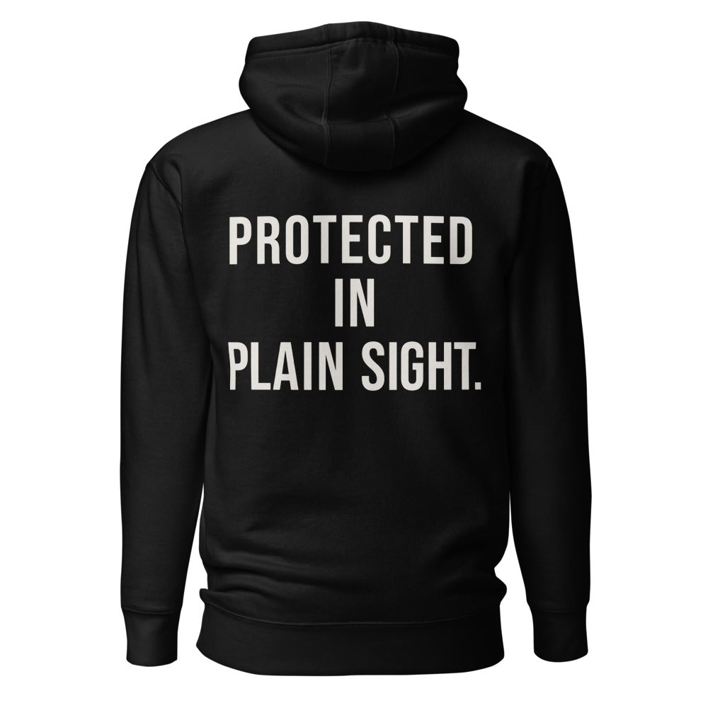Protected in Plain Sight — Black hoodie — back view