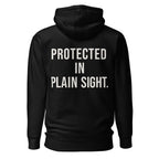Protected in Plain Sight — Black hoodie — back view