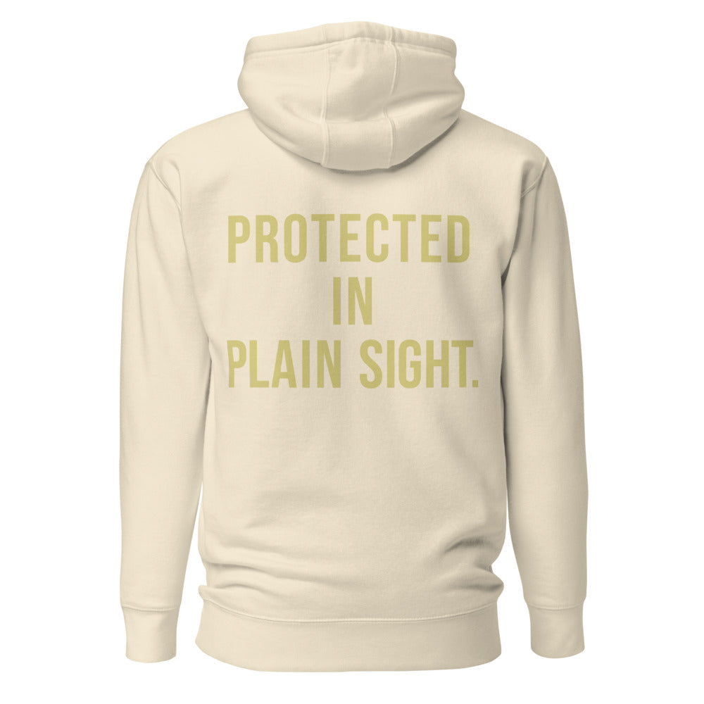 Protected In Plain Sight — Bone hoodie back with Butter ink slogan