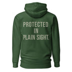 Protected in Plain Sight — Forest Green hoodie — back view