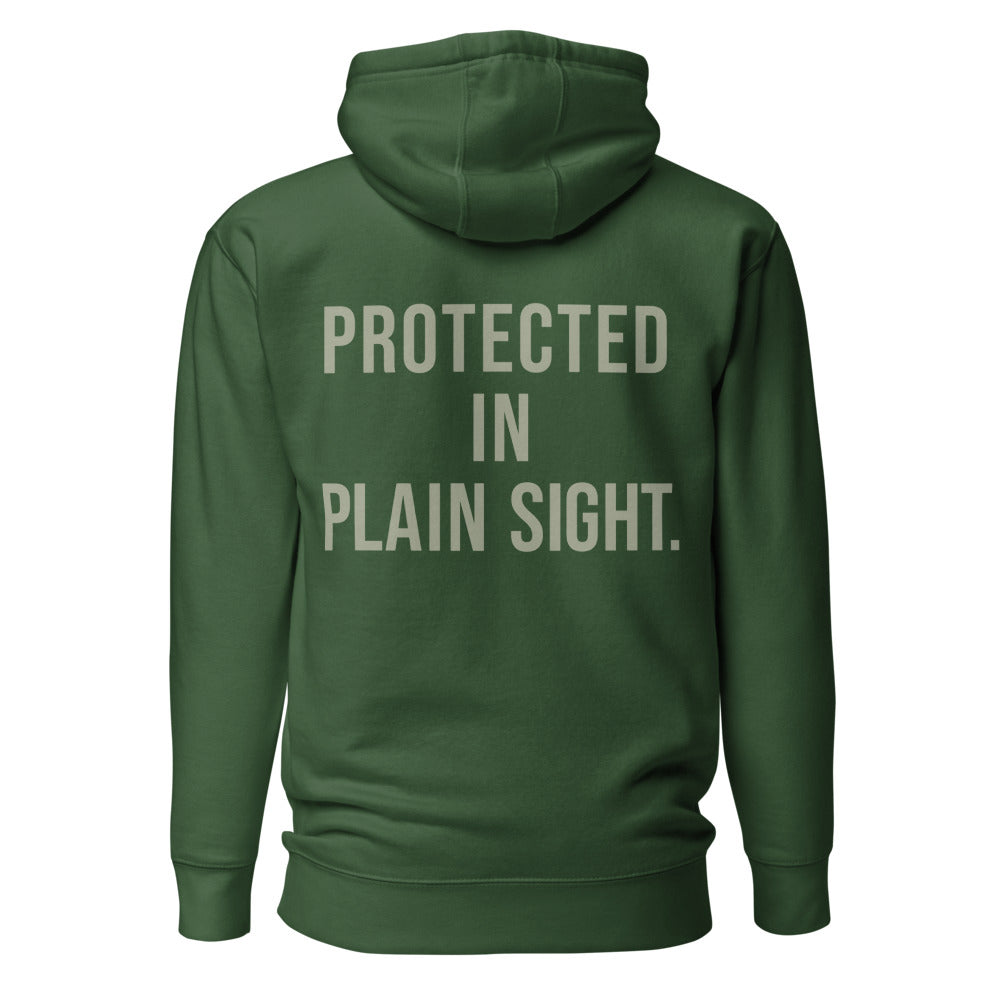 Protected in Plain Sight — Forest Green hoodie — back view