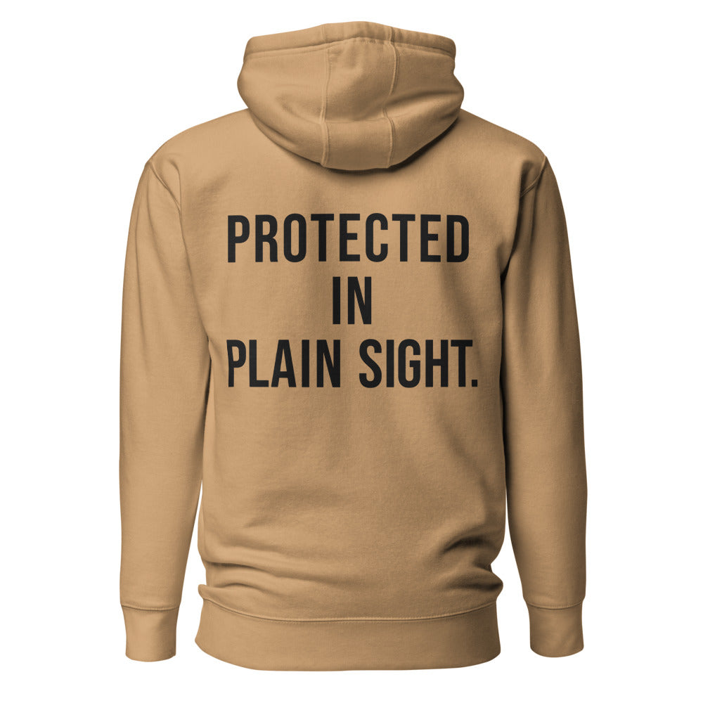Protected in Plain Sight — Khaki hoodie — back view