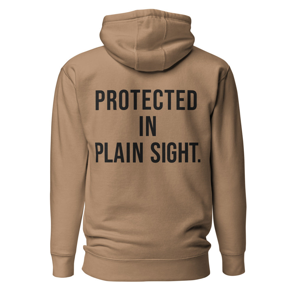 Protected in Plain Sight — Latte hoodie — back view