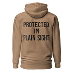 Protected in Plain Sight — Latte hoodie — back view