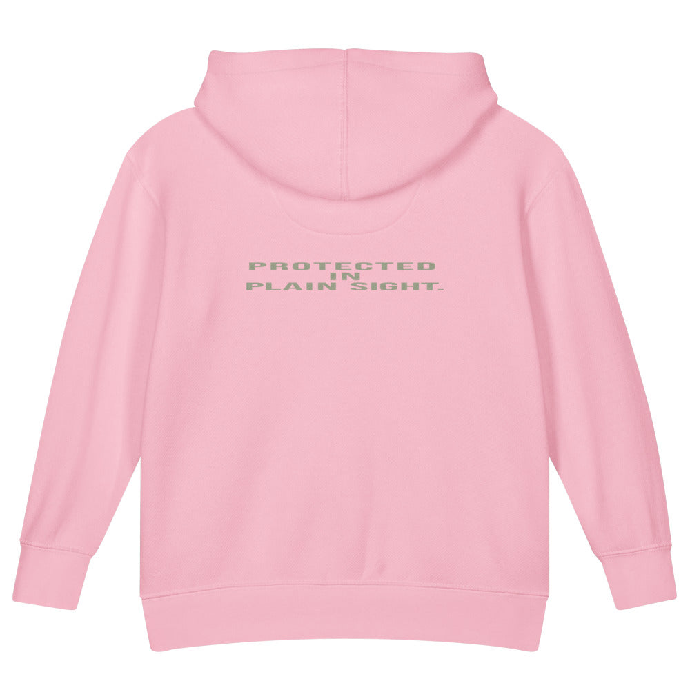 Protected in Plain Sight — Kids Faith Hoodie - Pink back