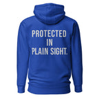 Protected in Plain Sight — Premium Faith Hoodie — Team Royal back with Cool Gray slogan