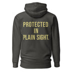 Protected in Plain Sight — Premium Faith Hoodie — Vintage Black hoodie back with Butter ink slogan