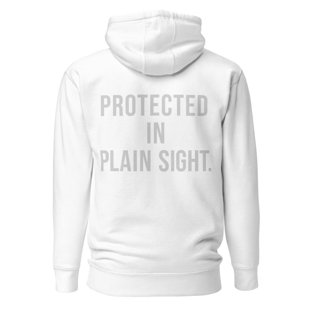Protected in Plain Sight — White hoodie — back view