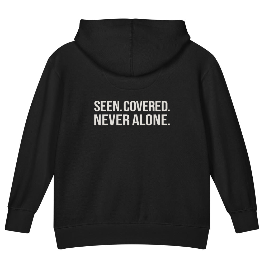 Seen. Covered. Never Alone. — Kids Faith Hoodie - Black back