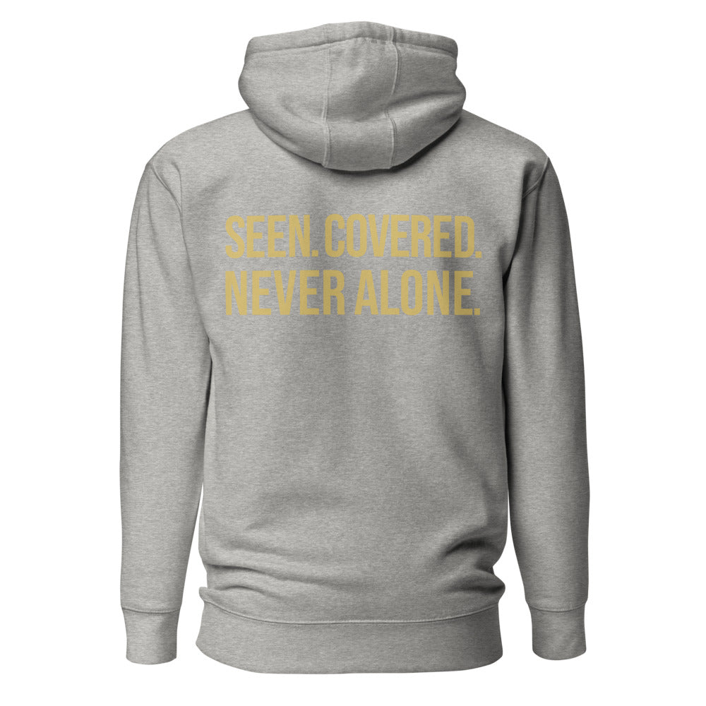 Seen. Covered. Never Alone. — Carbon Grey hoodie — back view