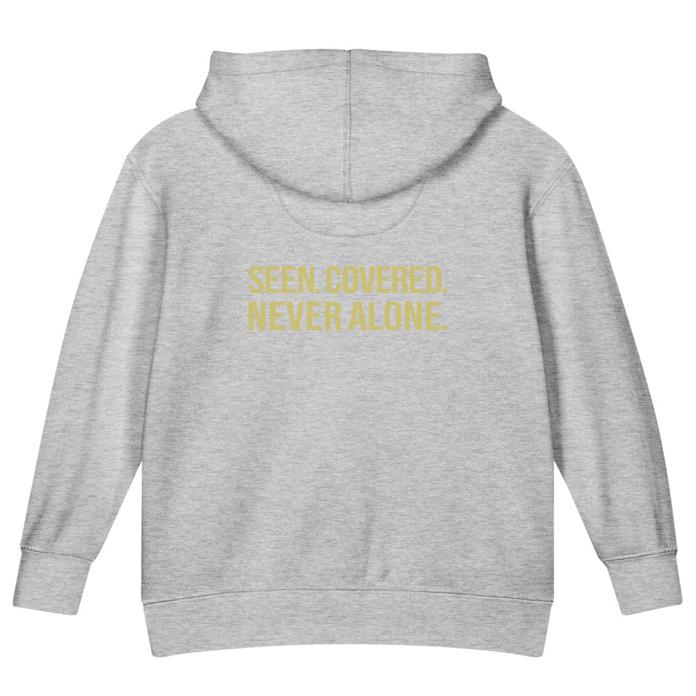 Seen. Covered. Never Alone. — Kids Faith Hoodie - Heather back