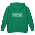 Seen. Covered. Never Alone. — Kids Faith Hoodie - Kelly back