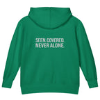Seen. Covered. Never Alone. — Kids Faith Hoodie - Kelly back