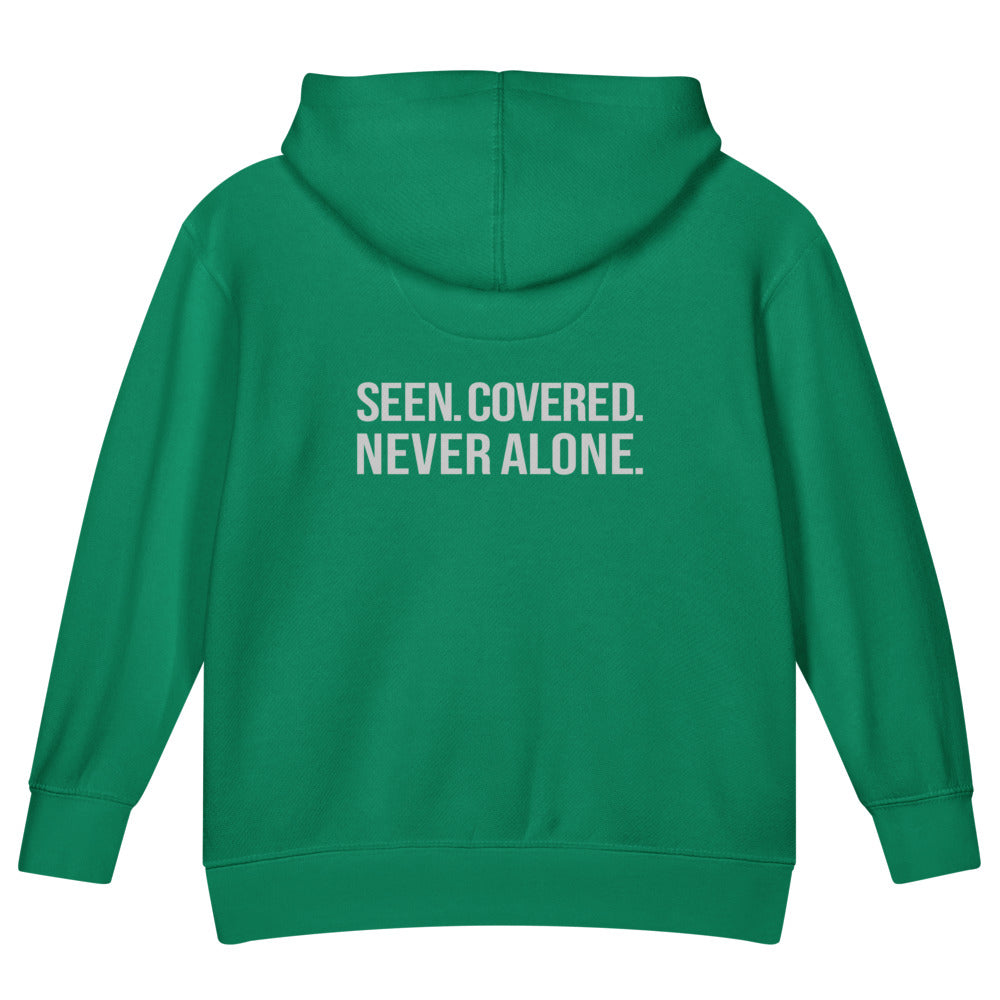Seen. Covered. Never Alone. — Kids Faith Hoodie - Kelly back