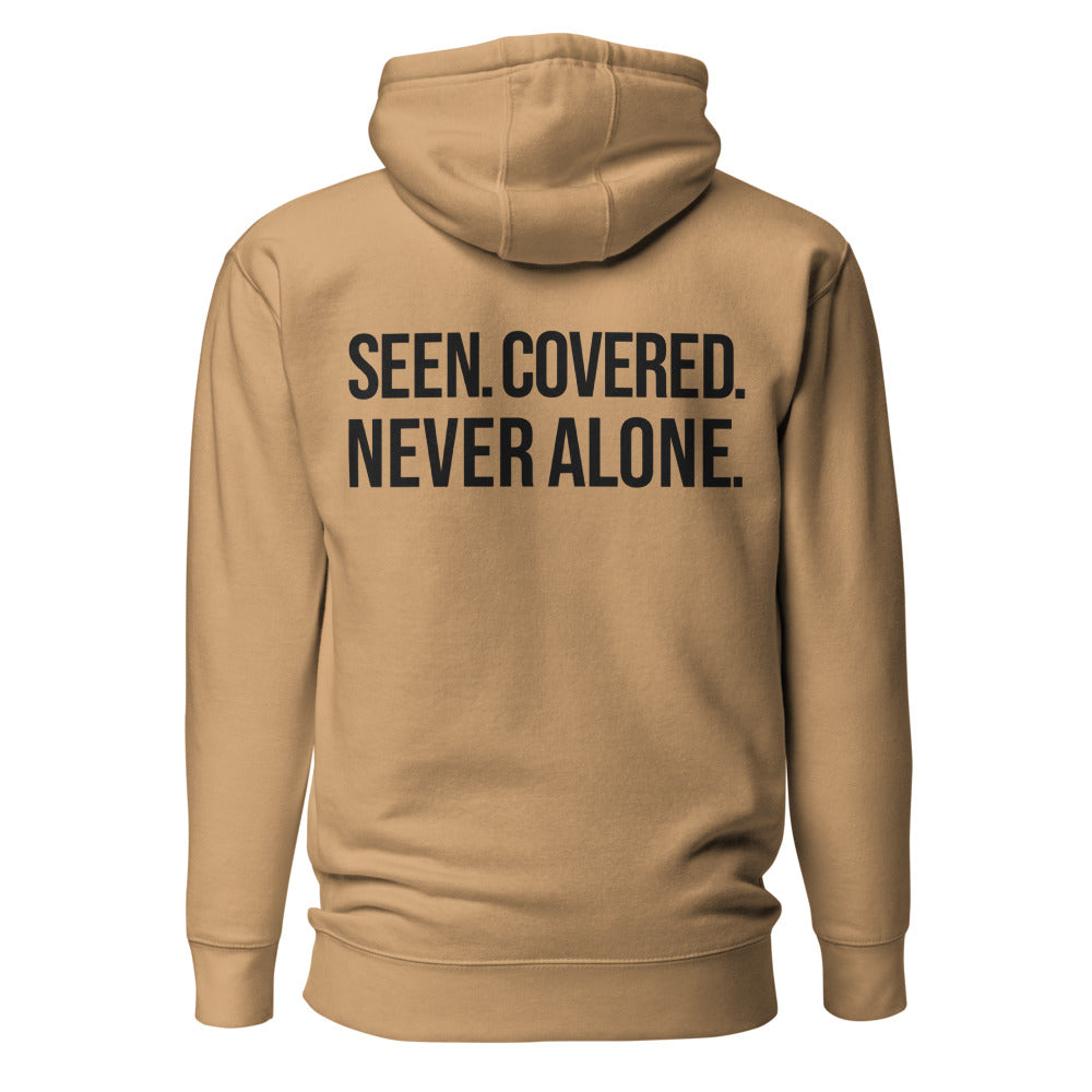 Seen. Covered. Never Alone. — Khaki hoodie — back view