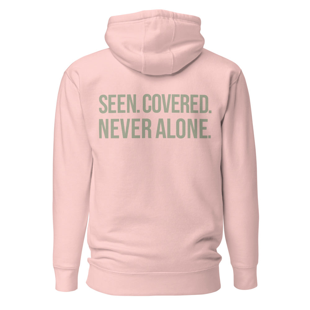 Seen. Covered. Never Alone. — Light Pink hoodie — back view