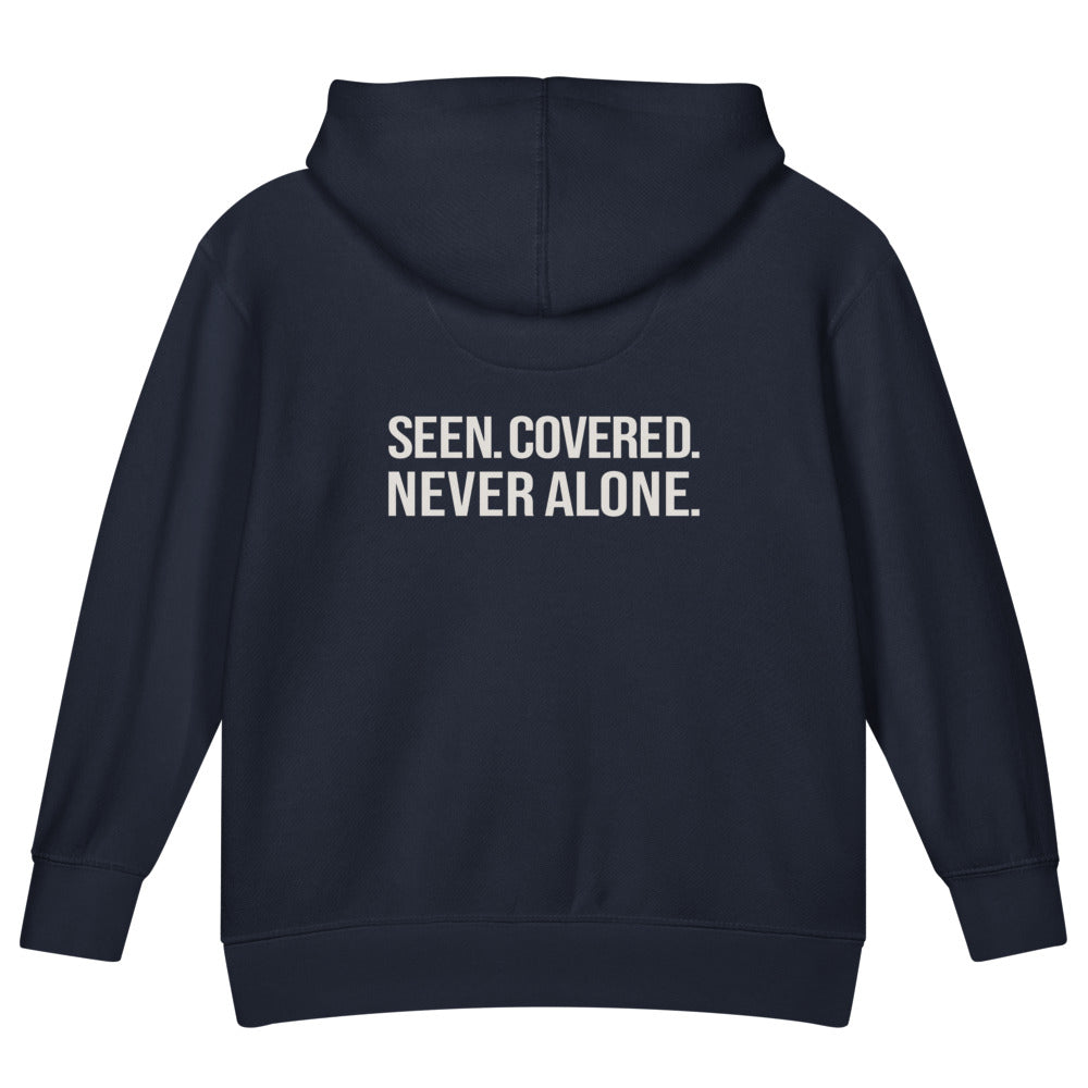 Seen. Covered. Never Alone. — Kids Faith Hoodie - Navy back