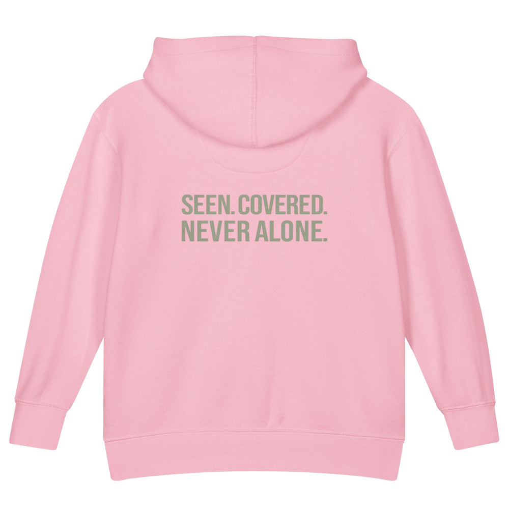 Seen. Covered. Never Alone. — Kids Faith Hoodie - Pink back