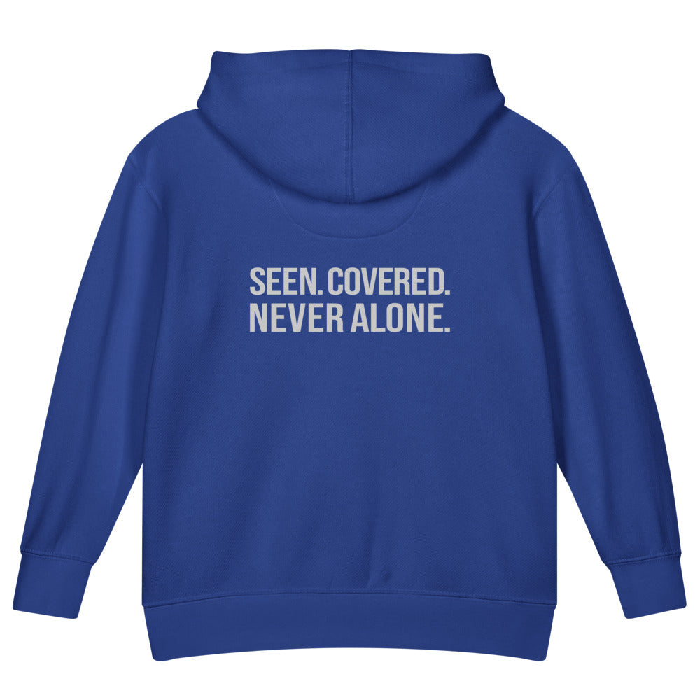 Seen. Covered. Never Alone. — Kids Faith Hoodie - Royal back