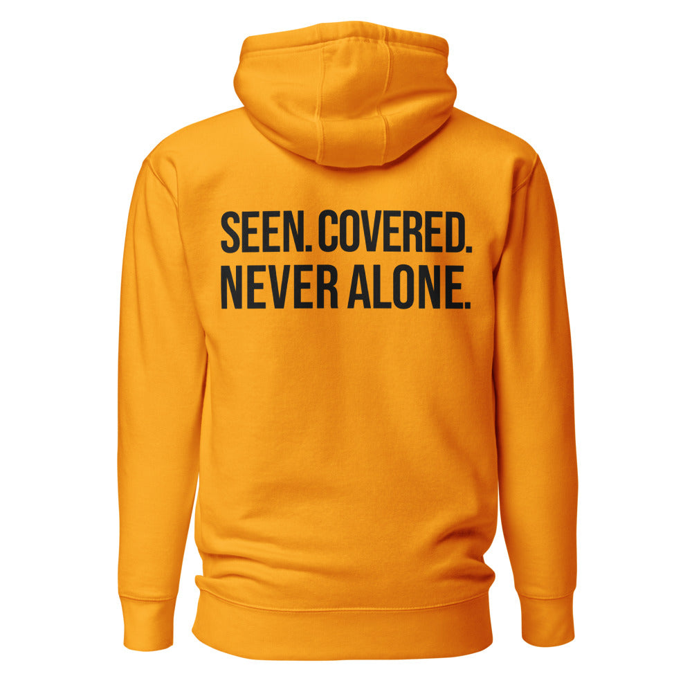 Seen. Covered. Never Alone. — Team Gold hoodie — back view
