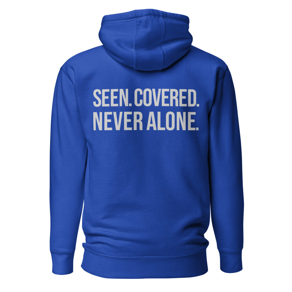 Seen. Covered. Never Alone. — Embroidered Faith Hoodie — Team Royal back with Cool Gray slogan