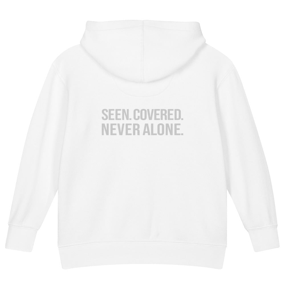Seen. Covered. Never Alone. — Kids Faith Hoodie - White back