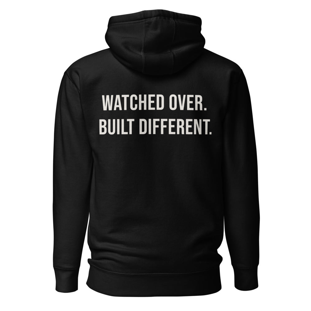 Watched Over. Built Different. — Black hoodie — back view