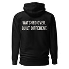 Watched Over. Built Different. — Black hoodie — back view