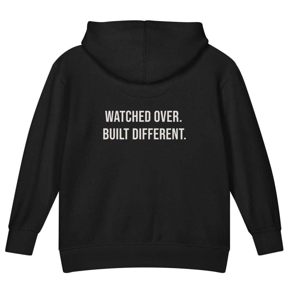 Watched Over. Built Different. — Kids Faith Hoodie - Black back