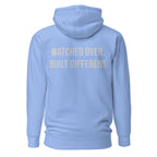 Watched Over. Built Different. — Carolina Blue hoodie — back view