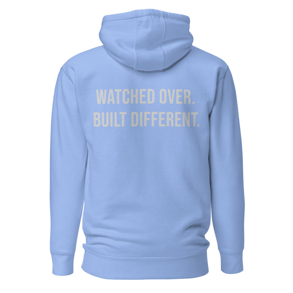 Watched Over. Built Different. — Carolina Blue hoodie — back view
