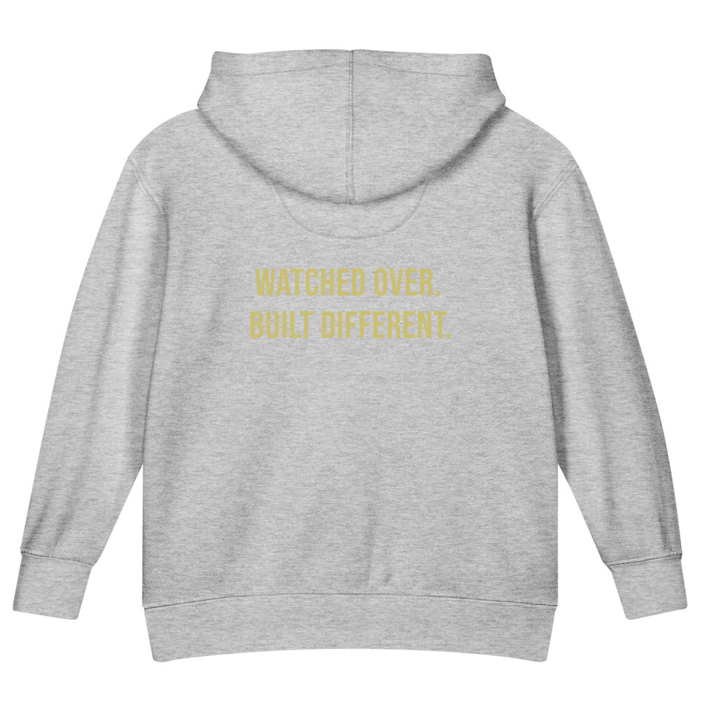Watched Over. Built Different. — Kids Faith Hoodie - Heather back