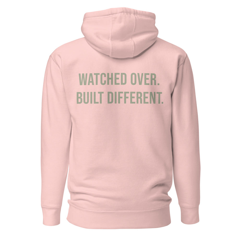 Watched Over. Built Different. — Light Pink hoodie — back view