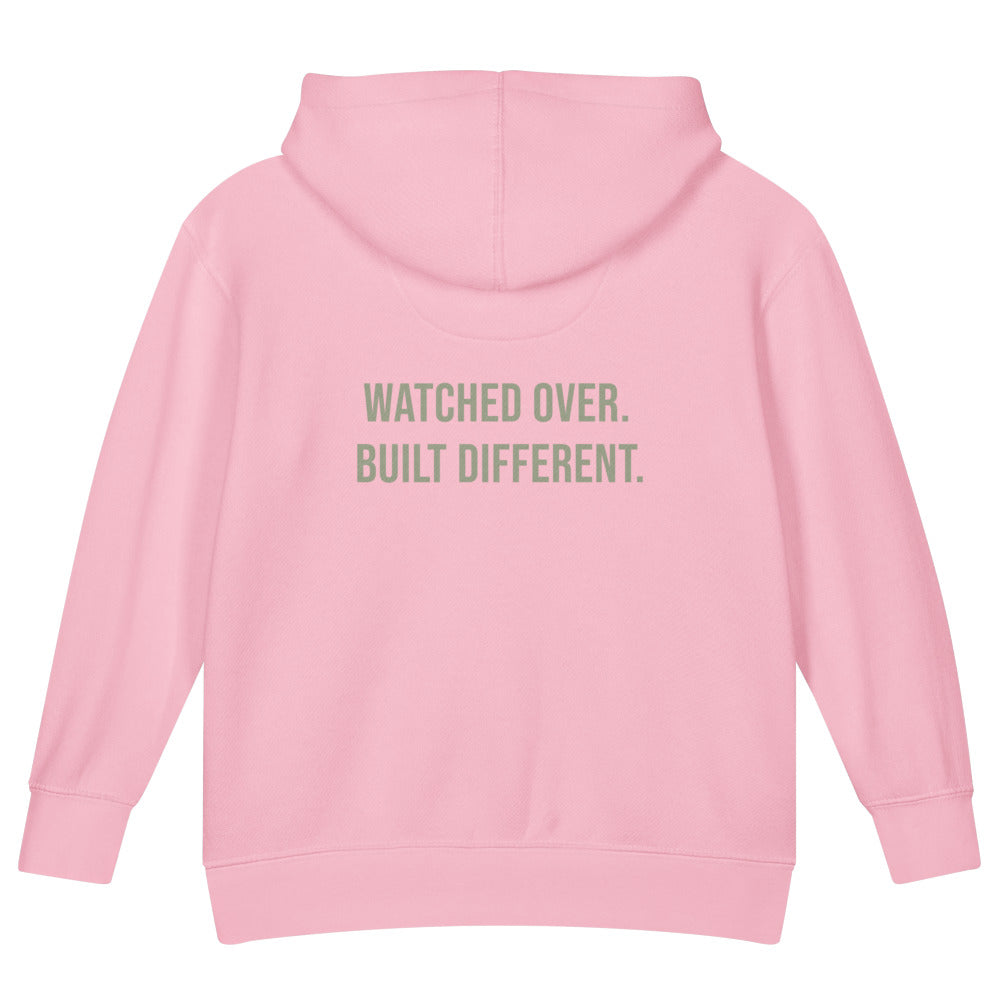 Watched Over. Built Different. — Kids Faith Hoodie - Pink back
