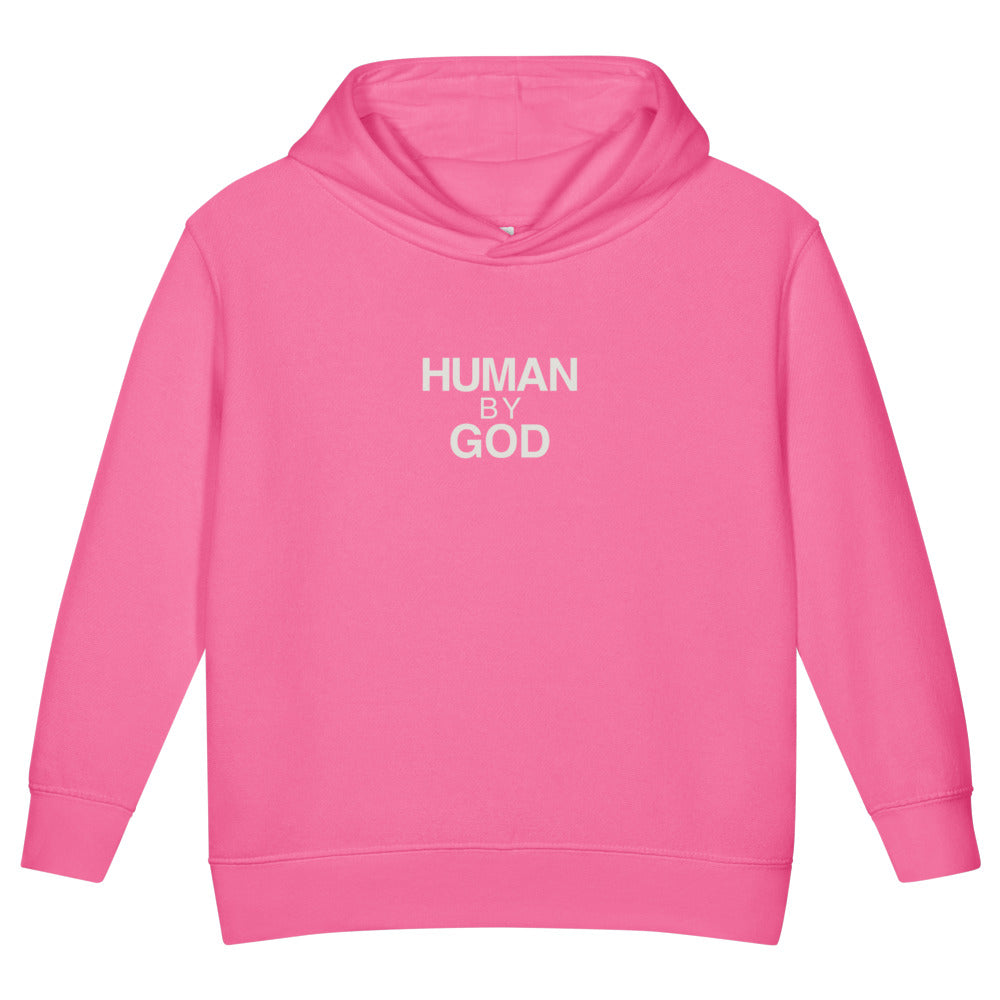 Watched Over. Built Different. — Kids Faith Hoodie - Raspberry front