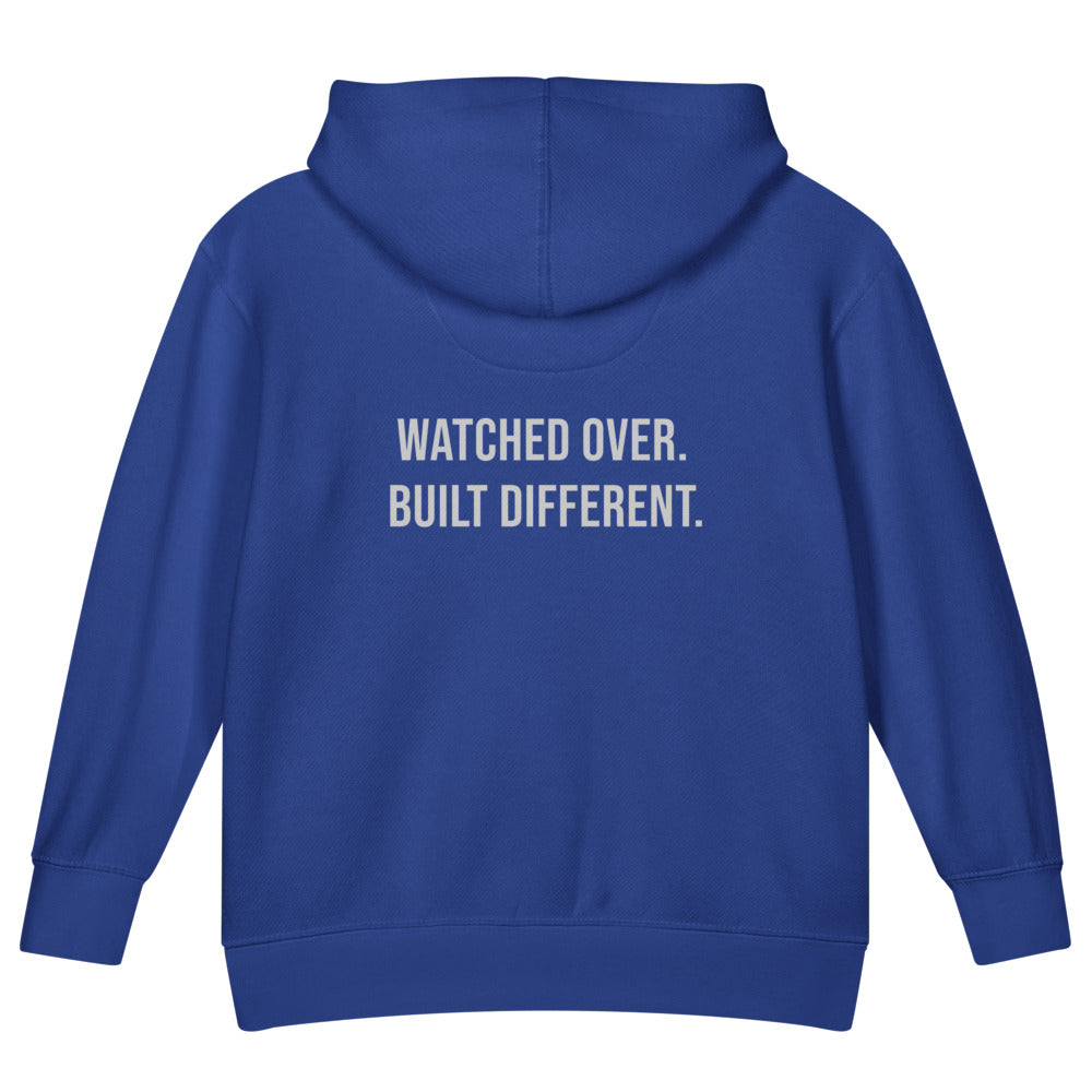 Watched Over. Built Different. — Kids Faith Hoodie - Royal back