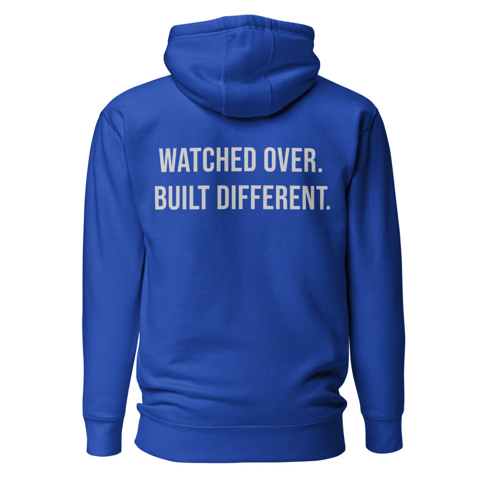 Watched Over. Built Different. — Embroidered Faith Hoodie — Team Royal back with Cool Gray slogan
