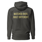 Watched Over. Built Different. — Premium Faith Hoodie — Vintage Black hoodie back with Butter ink slogan