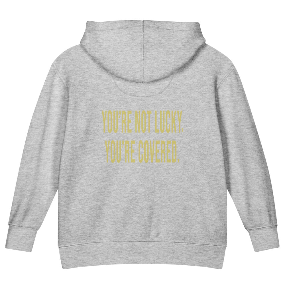 You're Not Lucky. You're Covered. — Kids Faith Hoodie - Heather back