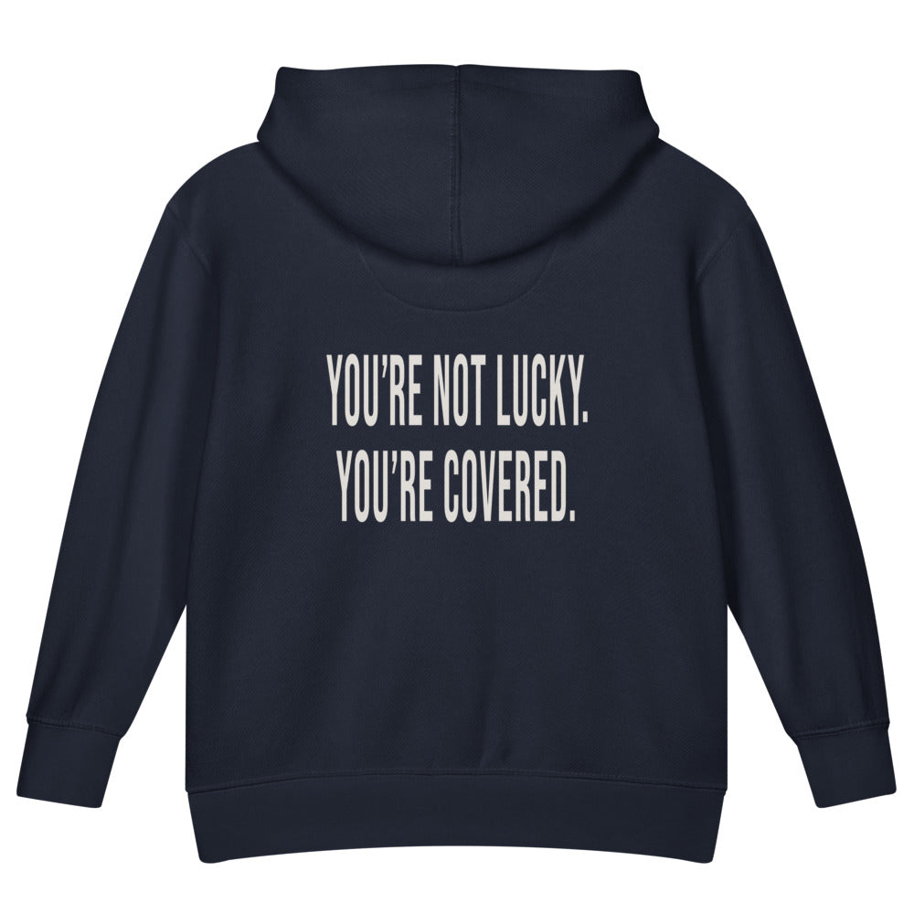 You're Not Lucky. You're Covered. — Kids Faith Hoodie - Navy back