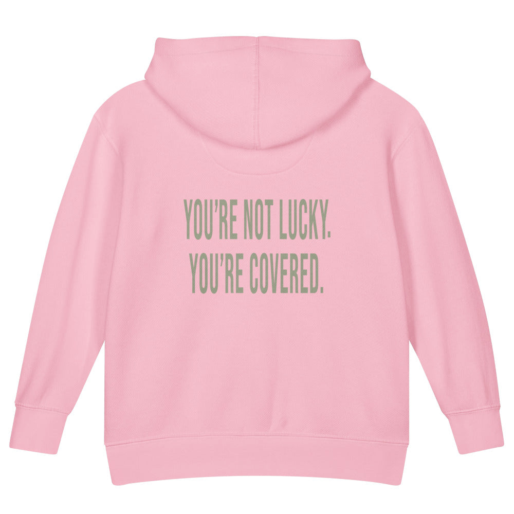 You're Not Lucky. You're Covered. — Kids Faith Hoodie - Pink back