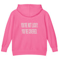You're Not Lucky. You're Covered. — Kids Faith Hoodie - Raspberry back