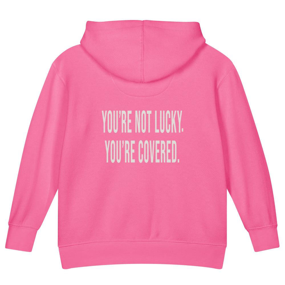 You're Not Lucky. You're Covered. — Kids Faith Hoodie - Raspberry back