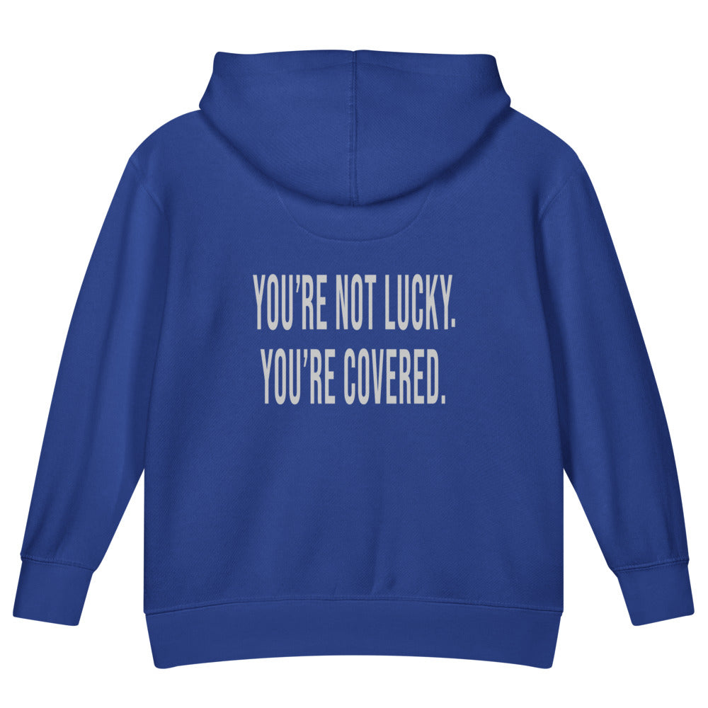 You're Not Lucky. You're Covered. — Kids Faith Hoodie - Royal back